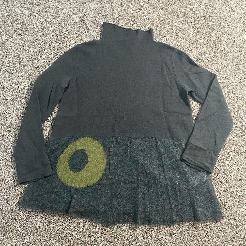 Banana Blue Sweater Womens Medium‎ Felted Wool Pullover Green Circle Detail Boho
